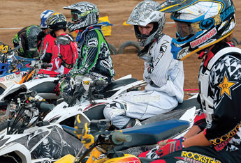 Riders line up at the start line for the Scott Costley Benefit MX Memorial Race practice at the Gallup OHV park on Saturday. © 2011 Gallup Independent / Adron Gardner 